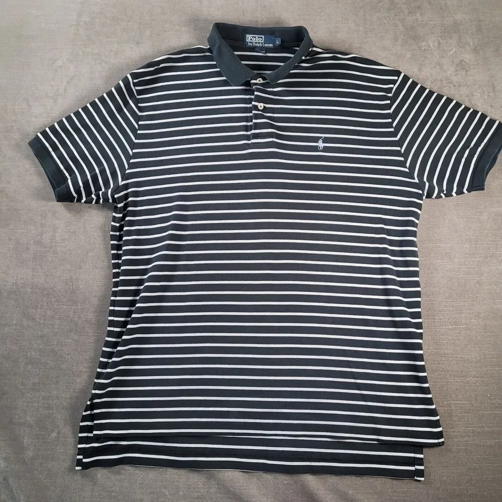 Polo Ralph Lauren Vintage Polo Shirt Black White Blue‎ Striped Mens Size Large